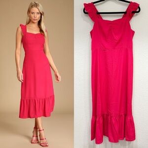 Lulu's Hot Pink Ruffle Strap Midi Dress